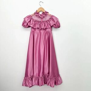 Union Made in USA Vintage Pink Sheen Girls Illusion High Ruffle Neck Puff Sleeve
